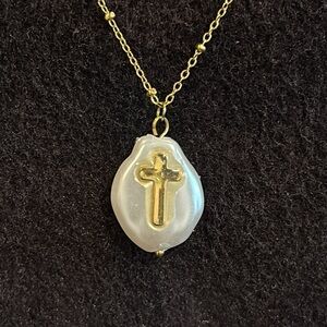MIRA BAROQUE Necklace Faux PEARL Gold Chain Cross Pendant Dainty Stainless Steel